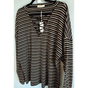 Gilded Intent Womens Black/Brown Oversized Striped V-Neck Strappy Knit Top Large